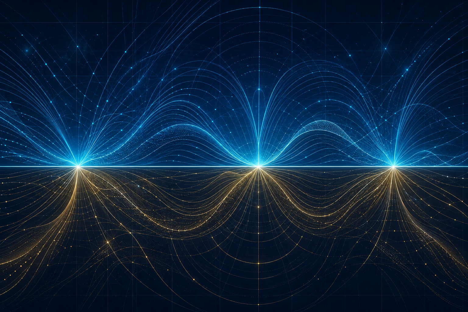Abstract cyan and gold force streams arranged around a central reference axis